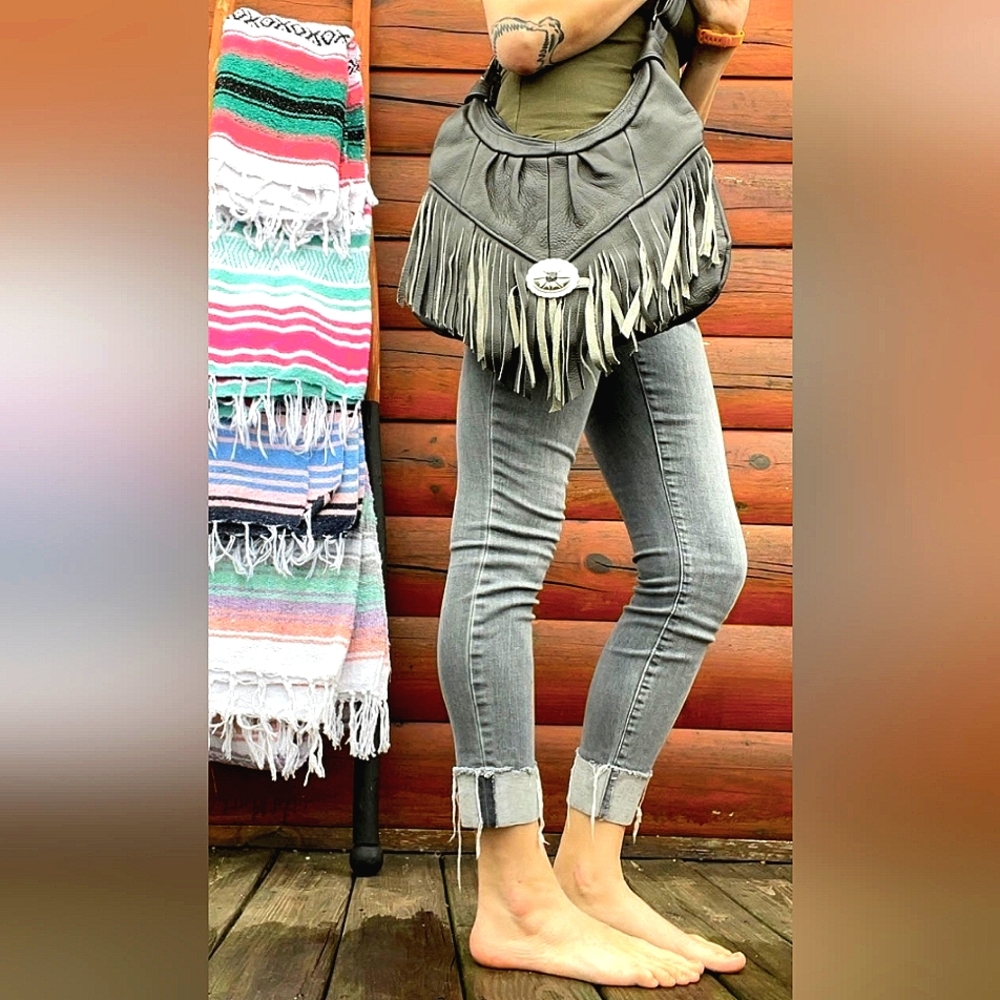 BOHO SOFT LEATHER HOBO BAG FRINGE & CONCHOS - Picture 1 of 13